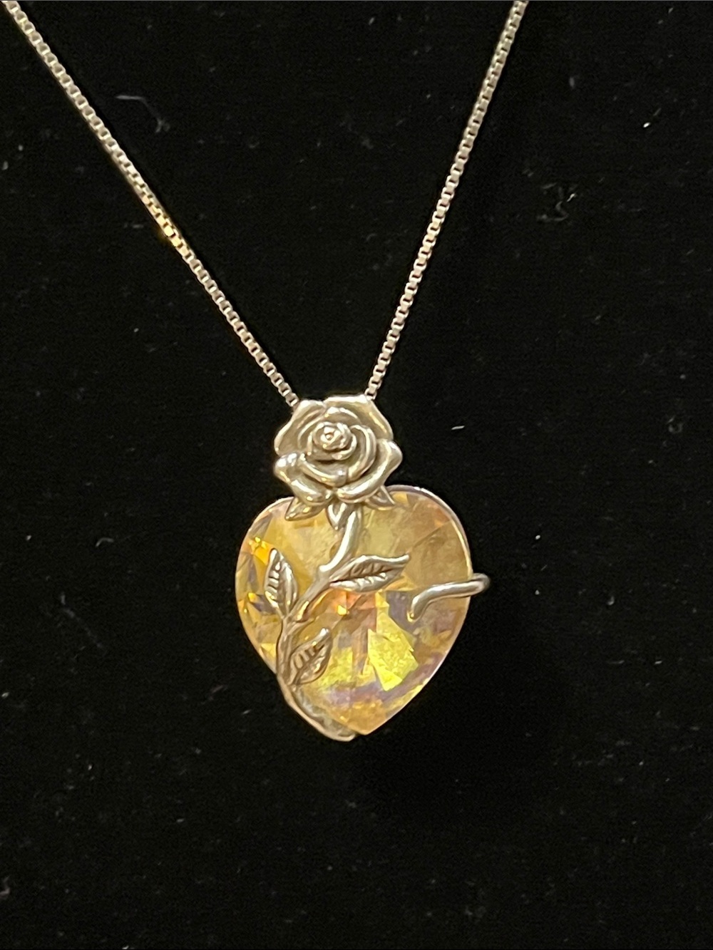 Silver 925 Floral Heart Pendant w/ Yellow Aurora Borealis Crystal on 9” Chain